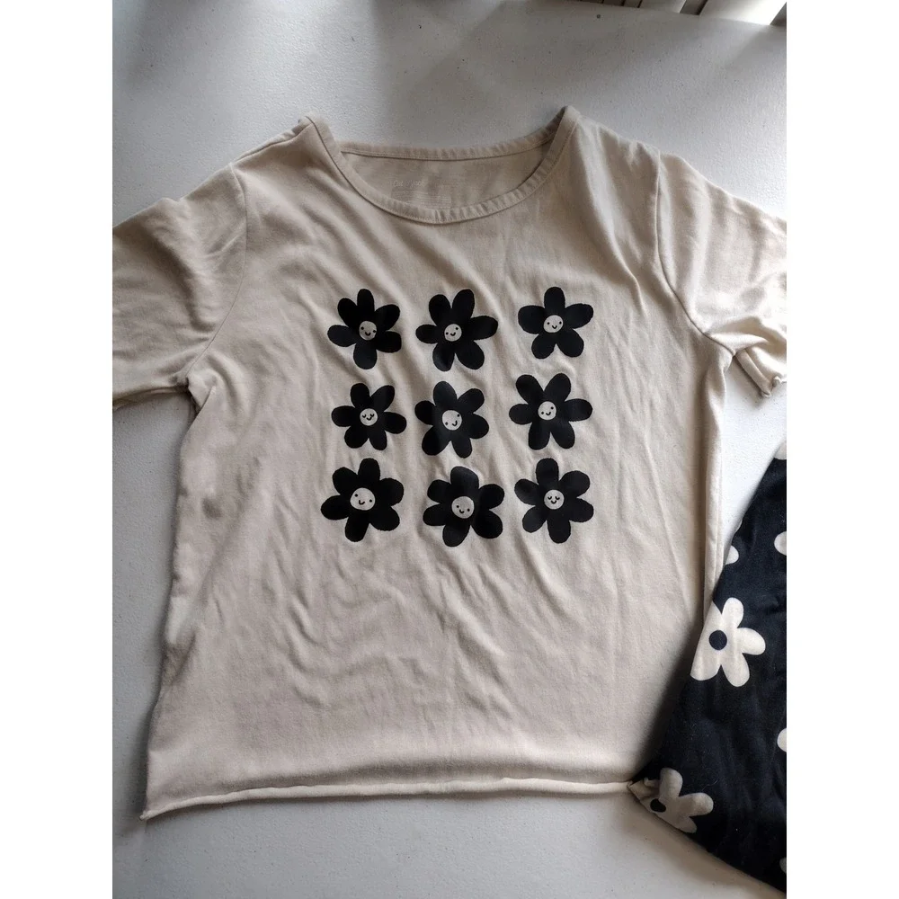 Cat & Jack Kids Girls Daisy Smiley Face Pajama Set Cream Black‎ Size L 10/12